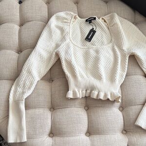 Express Cream Textured Crew Neck Sweater